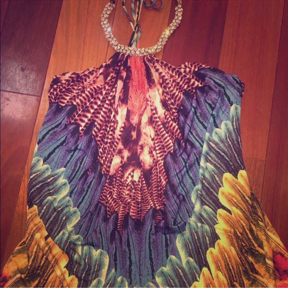 👚 Sky Jeweled Halter Boho Festival Feather Printed Top Blouse Shirt ❤️ F (@dc)